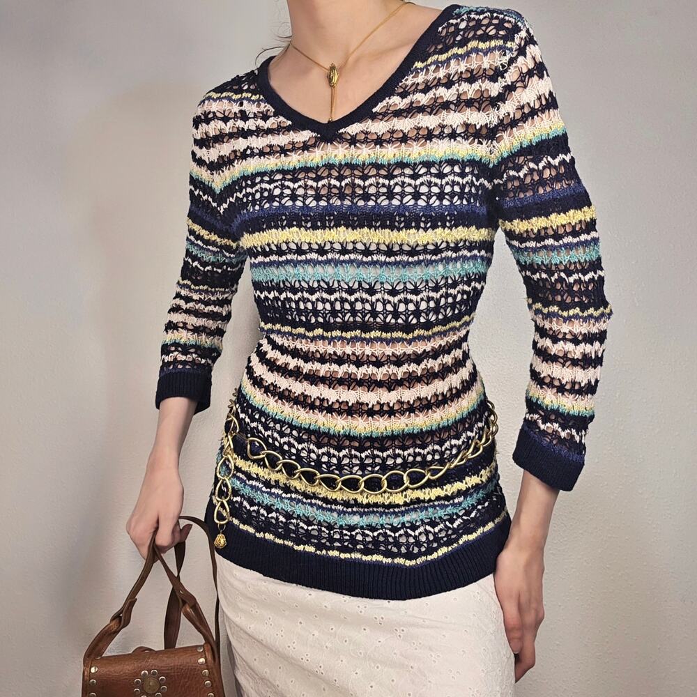 Striped Crochet Knit Sweater Navy Boho Open Knit V Neck Coastal Festival  Top